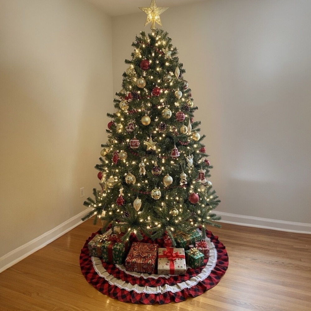 Holiday Buffalo Plaid and Burlap Lace Layered Christmas Tree Skirt 48” Red Black - Picture 3 of 7